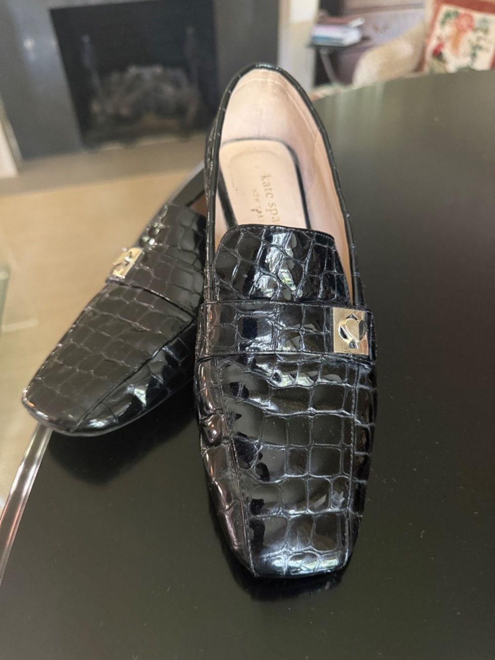 kate spade Black Croc-Embossed Patent Leather Loafers with Silver Branded Accent